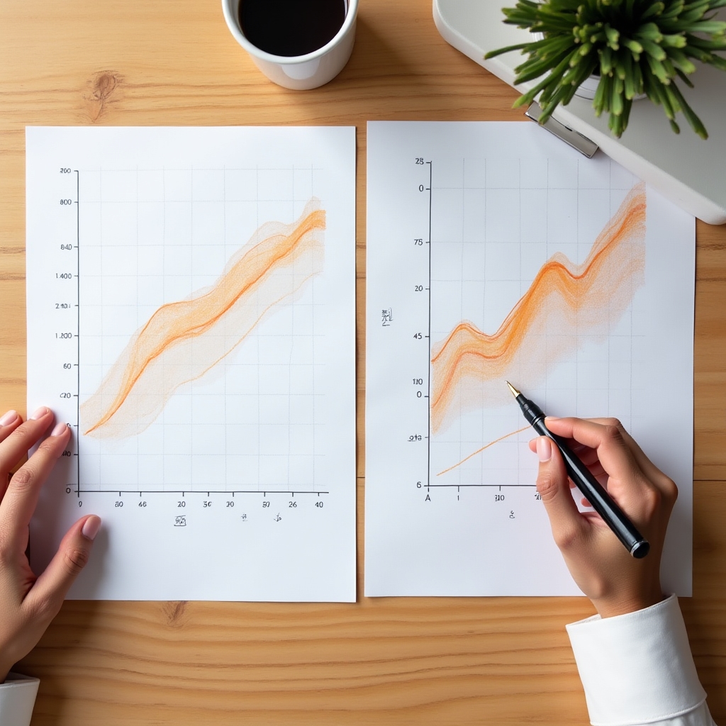 Two printed charts placed side by side on a desk showing different axis scales for the same data