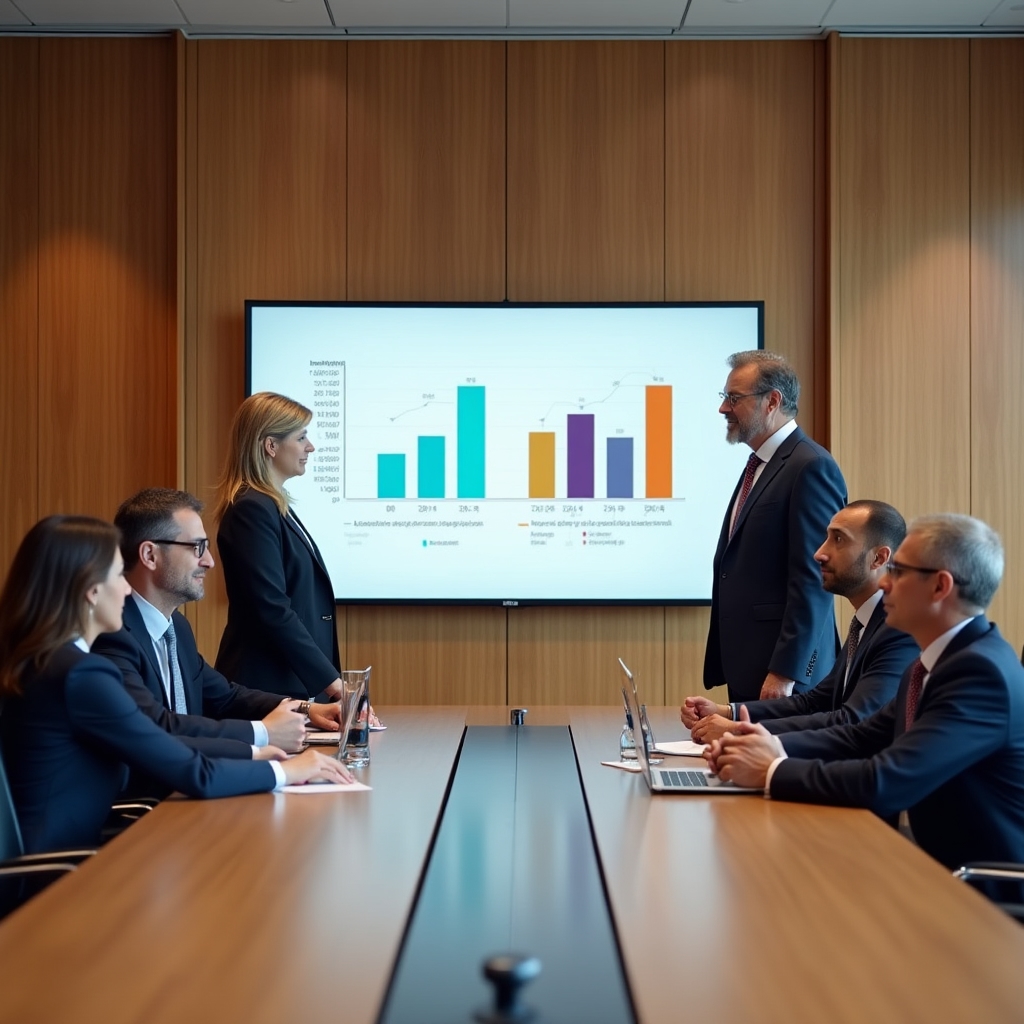 Managers reviewing a KPI dashboard together on a large screen