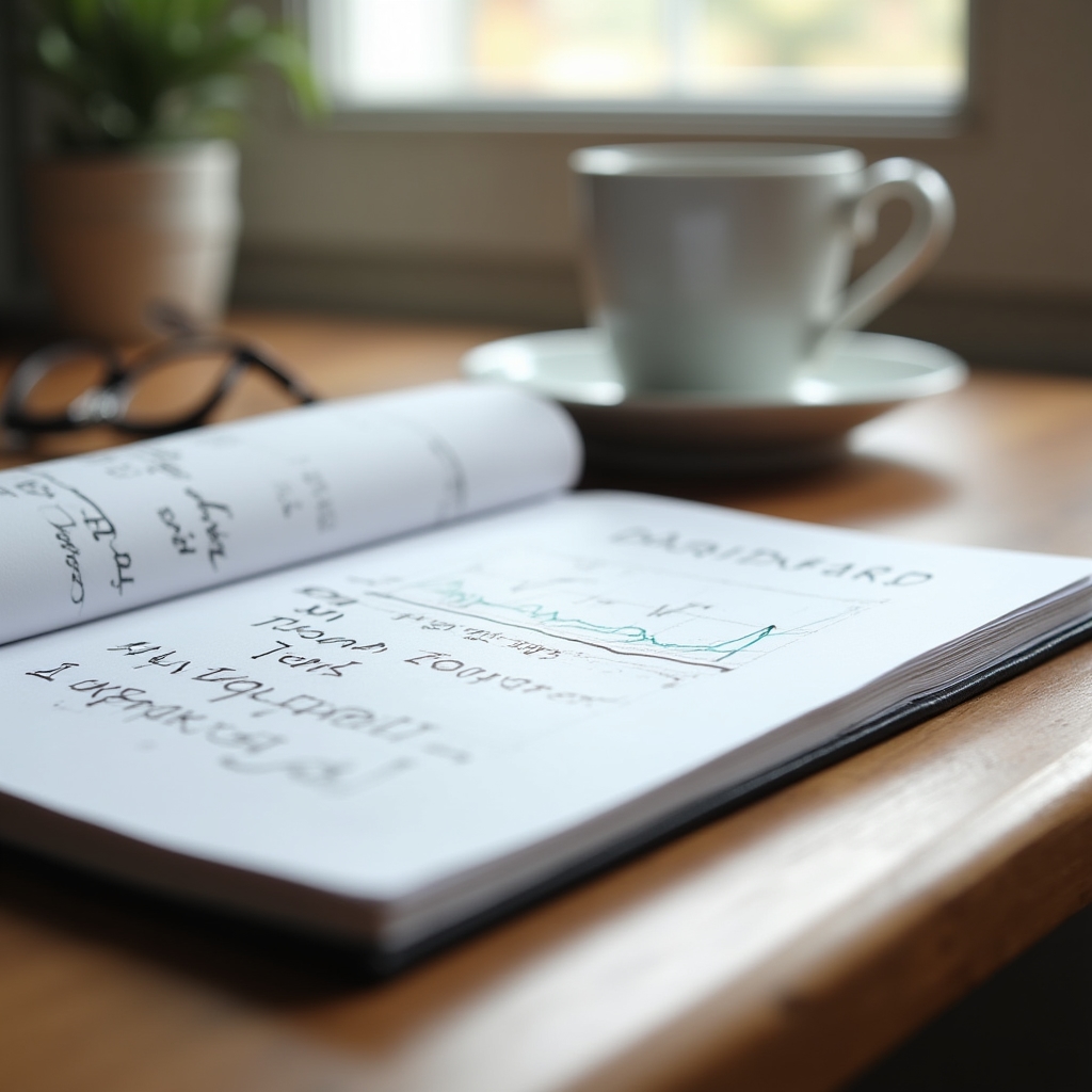 A notebook on a desk with dashboard terminology handwritten alongside a coffee cup