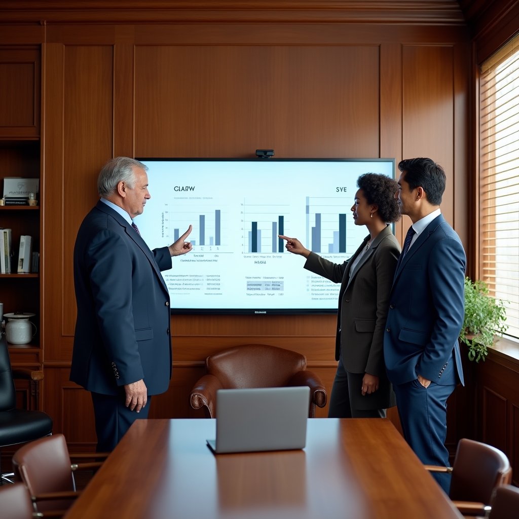 Executives reviewing a KPI dashboard on a screen in a wood-panelled office