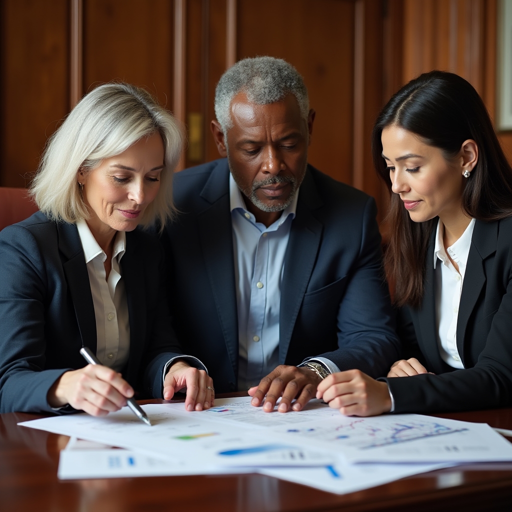A small leadership team gathered around a wooden table discussing a printed report