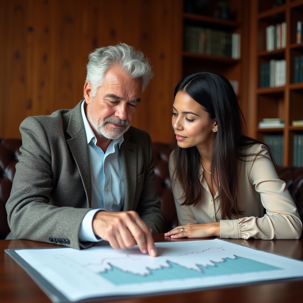A senior mentor explaining a chart to a colleague at a desk