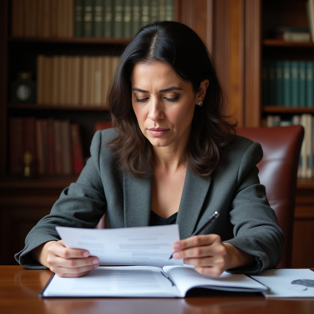 An office manager reading a printed report at their desk