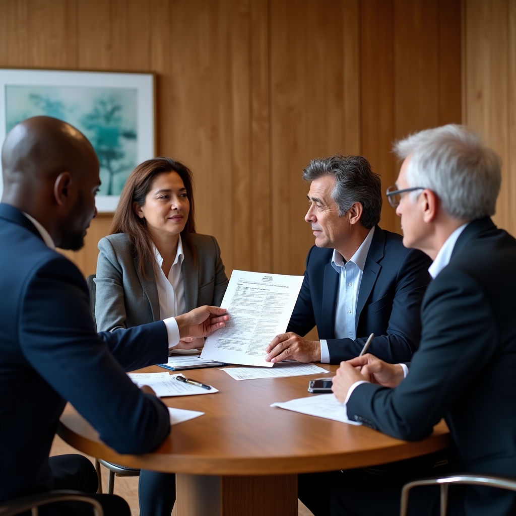 Colleagues in a meeting room discussing a printed monthly report