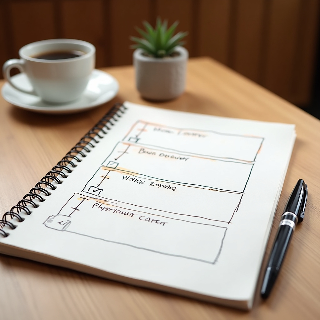 Desk with printed dashboard layout templates and a pen